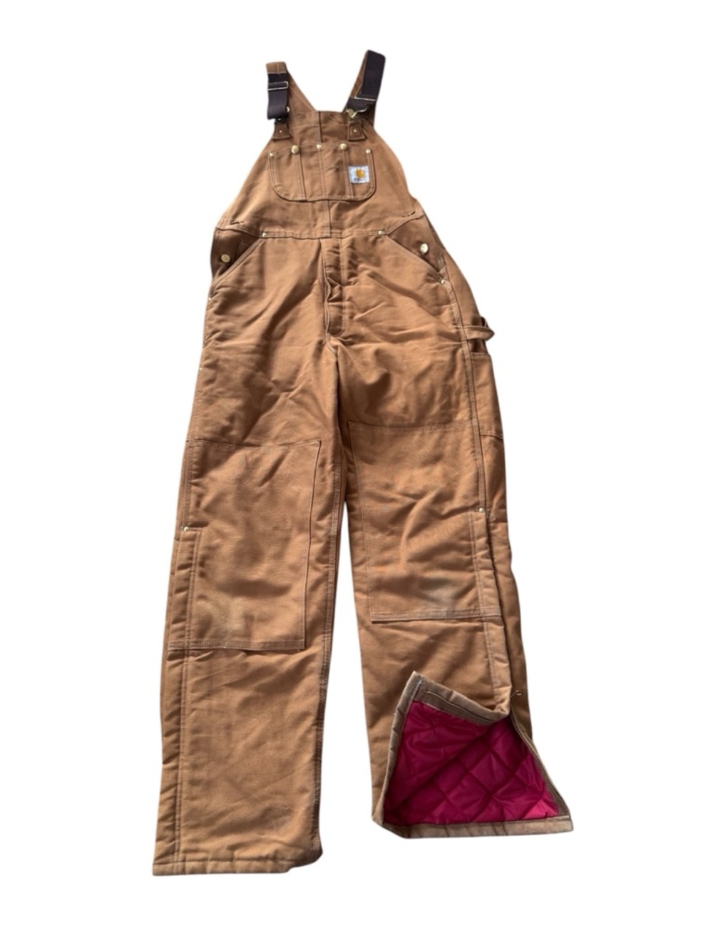 Carhartt R02 BRN Brown Duck Bib Overalls 34x32 Red Quilted Lined Double Knee USA - Picture 5 of 6
